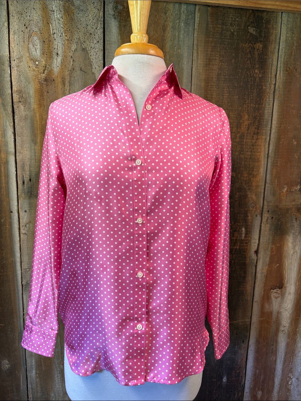 Jones New York Signature 100% Silk Pink Polka Dot Button Down Top Size Small